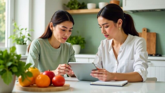 a nutritionist advises a client on healthy eating, doctor advises a young woman, consultation, diet, healthy lifestyle