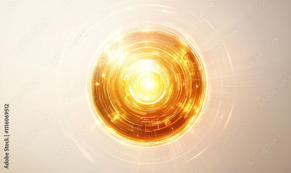 Fototapete a futuristic and high-tech logo featuring an abstract, circular design with golden light beams emana