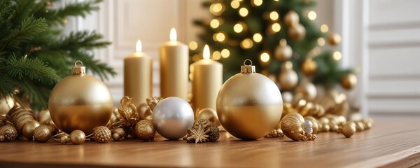 Elegant Christmas ornaments displayed on a beautifully styled wooden table with gold accents and white background, Wooden table, Winter wonderland, Elegant decor