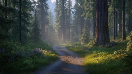 Obraz premium Sunlit forest path winding through lush greenery and tall trees with morning mist.