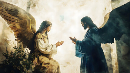 Fototapeta premium Annunciation. Angel Gabriel announcing to Mary that she will conceive and give birth to Jesus. Watercolor digital painting.