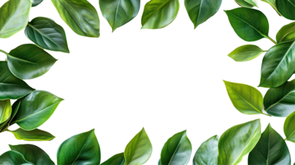 A collection of vibrant green leaves arranged in a decorative border, creating a natural frame for text or images.