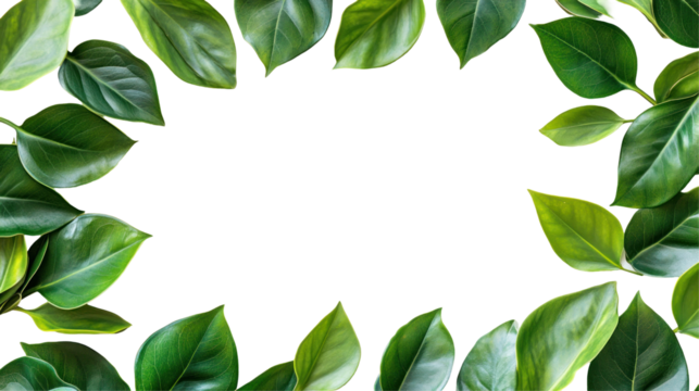 A collection of vibrant green leaves arranged in a decorative border, creating a natural frame for text or images.