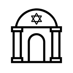 A clean and minimalist synagogue icon representing a Jewish place of worship. The design features recognizable elements such as the Star of David, the Ark outline, or a symbolic building with an arch