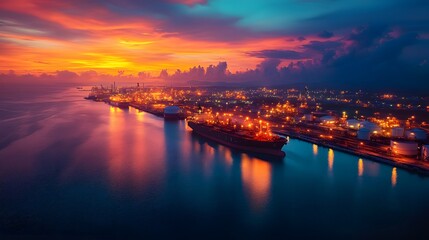 Cargo ships docked at oil port under night sky aerial view of industry and maritime activity