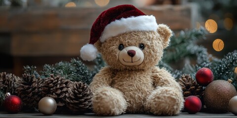 Cozy teddy bear in a festive setting surrounded by holiday decorations and warm lights