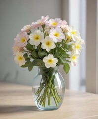 Glass vase filled with fresh spring primroses in a soft pastel color palette , home decor, glass vase