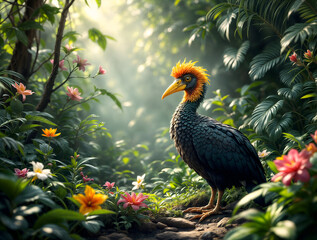 Fototapeta premium A Majestic Tropical Bird Amidst Lush Greenery and Vibrant Flowers in a Sun-Dappled Forest