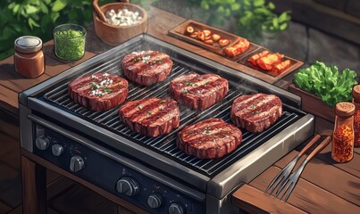 Isometric BBQ grill setup with multiple steaks, seasonings, and tongs, outdoor grilling party, casual and fun