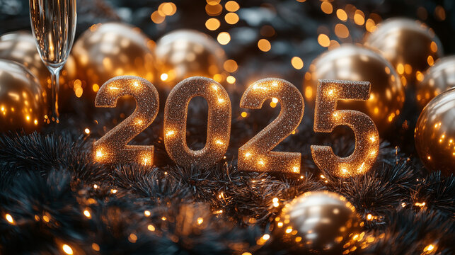 A luxurious New Year’s party setup with golden balloons, champagne, and a shimmering "2025" banner.