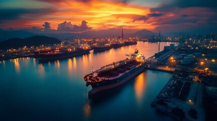 Fototapeta premium Cargo ship loading at oil port during night aerial view of vibrant harbor scene