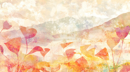 Abstract watercolor landscape painting with stylized flowers and mountains in warm, earthy tones. Perfect for creating a serene and peaceful atmosphere.