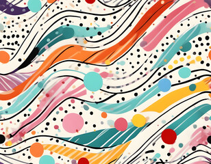 Multicolored curved checkered lines and confetti, polka dots, striped pattern on a light background