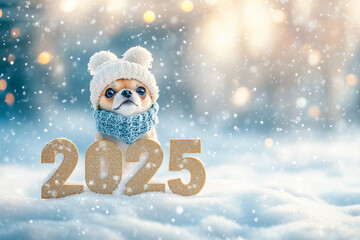 Fototapeta premium Cute dog with number 2025, Merry christmas concept.