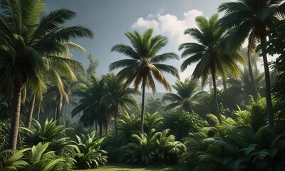 Lush tropical plants including palm trees are featured against a backdrop of dark and rich green foliage, , palm trees, tropical plants