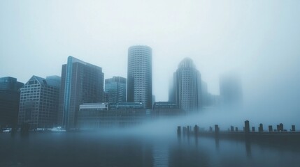 Fototapeta premium Ethereal Cityscape: Skyscrapers Shrouded in Mysterious Fog