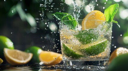 Refreshing lemon and lime soda with splashing water