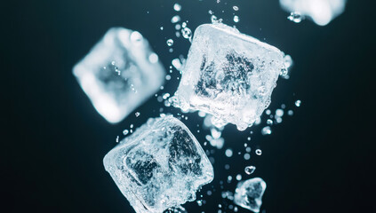 High-speed photography of ice cubes flying on dark background
