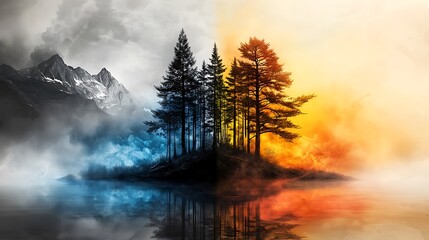 A detailed minimalist scene of a forest being destroyed by wildfires and mining, with vibrant colors representing climate change's effects and the importance of protecting nature. Ultra-Realistic, 