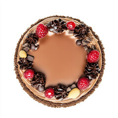 Top view of chocolate cake with raspberries and decorations
