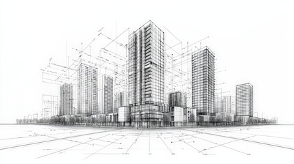 A city skyline is drawn in black and white