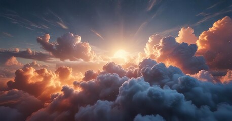Shimmering blue and orange clouds with hazy light diffusion, ethereal atmosphere, orange