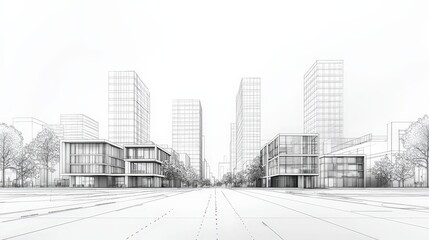 A cityscape with tall buildings and a large empty street