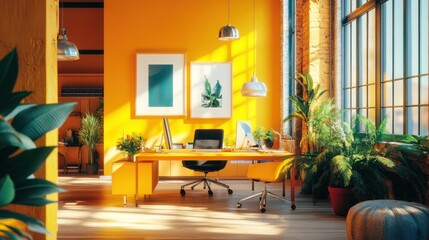 Sunlit modern office with yellow walls, plants, and desk.