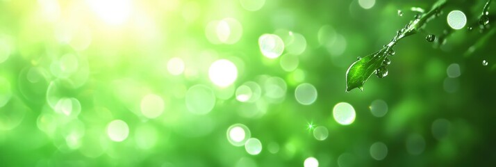 Fototapeta premium Green Spring Banner with Bokeh Effect and Blurred Background Featuring Fresh Leaves and Water Drops in Soft Light