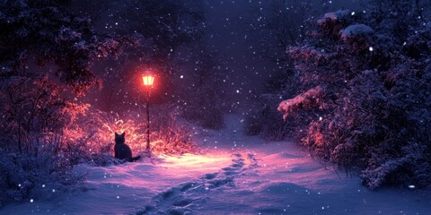 Obraz premium Serene winter night with soft snowflakes falling under a glowing lantern in a tranquil forest setting