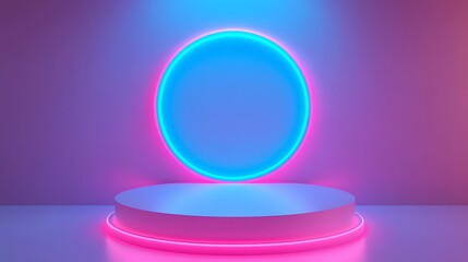 A neon circle in 3D that is bright pink and blue, with an empty center for imaginative use, and a retro abstract ultraviolet design