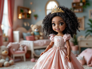 Fototapeta premium Adorable Princess Doll in a Pink Gown, Posing in a Luxuriously Decorated Room