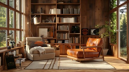 Cozy Cabin Reading Nook: Sunlit Relaxation in a Rustic Wooden Library