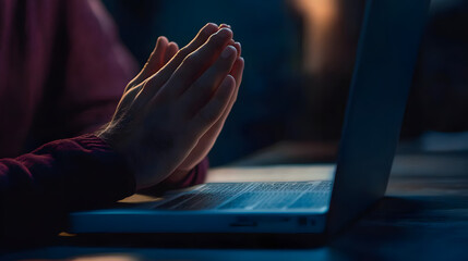 Obraz premium Hands together in prayer for god blessing to wish to have a better life. man hands praying to god with the bible on his laptop. believe in goodness. spirituality and religion, and bible prayer online