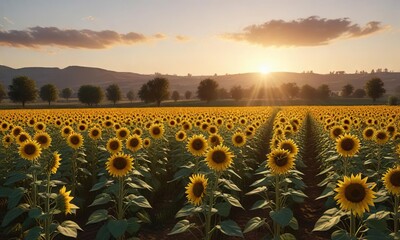Obraz premium Softly fading light illuminates a sunflower field, casting long shadows and highlighting the beauty of nature, golden hour, natural wonder, serene atmosphere