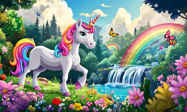 Magical rainbow unicorn in a vibrant fantasy forest landscape with waterfall and flowers.