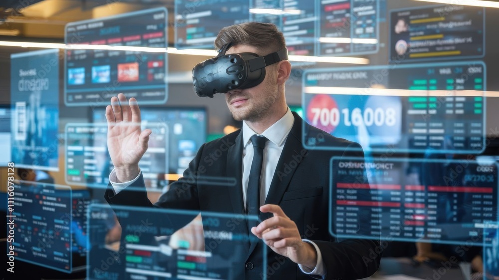 Poster a businessman using virtual reality technology to interact with data displays.