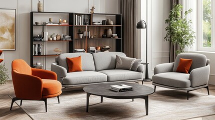 Modern Living Room Interior Design with Gray Sofa, Orange Armchair, and Stylish Bookcases