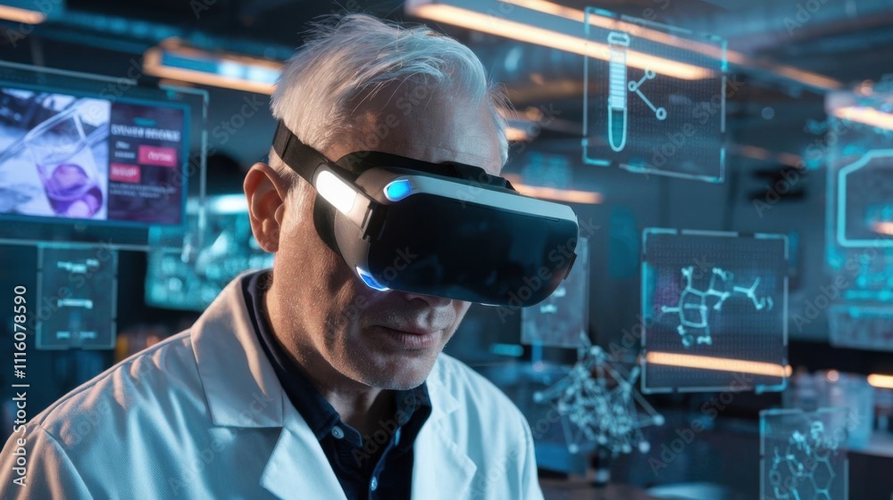 Aufkleber a scientist using virtual reality technology in a lab setting with digital interfaces.