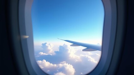 Airplane Window View of Fluffy Clouds and Blue Sky: Peaceful Travel Photography Capturing Journey Above Cloud Formation