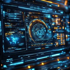 Obraz premium A futuristic digital interface displaying colorful data visualizations and global maps, emphasizing technology and innovation.