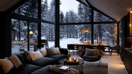 Fototapeta premium Cozy modern living room with large glass windows overlooking a snowy forest landscape. Warm lighting and comfortable furniture create a relaxing winter retreat ambiance, AI