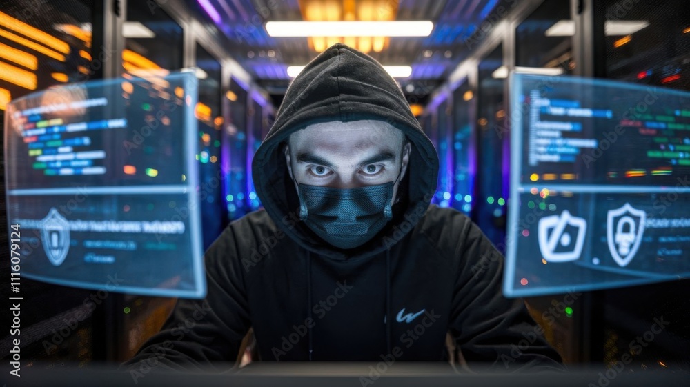 Poster a hooded figure in a server room, focused on coding with digital interfaces around.
