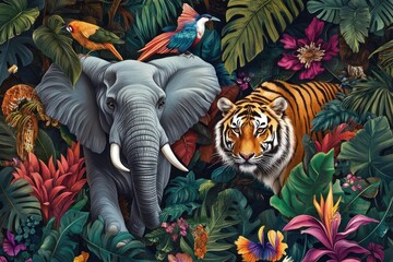 Fototapeta premium Majestic Elephant and Tiger Amidst Vibrant Jungle Foliage, Showcasing Diverse Wildlife in a Lush Tropical Environment