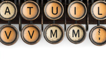 Close-up of vintage typewriter keys, showcasing letters A, T, U, I, L, V, M, M and punctuation.