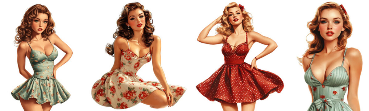 Vintage pin-up style women in colorful dresses transparent background