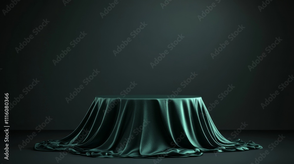 Poster a beautifully draped dark green table takes center stage, surrounded by darkness. soft lighting high