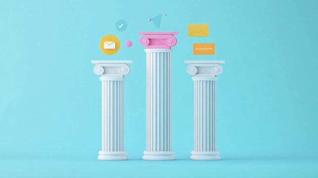 Three Pillars of Communication Success: Email Marketing Strategy Visualized with 3D Rendered Columns and Icons