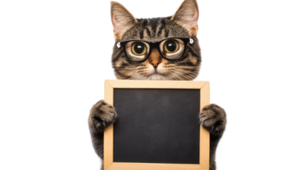 A cute cat wearing glasses holds a small chalkboard, suggesting a playful or educational theme.