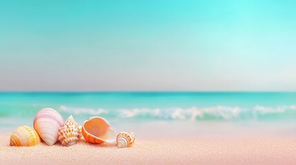 Obraz premium Vivid beach scene with glowing turquoise waves and shells